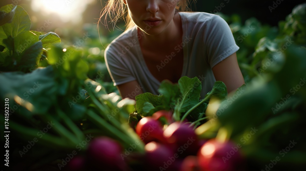 Fototapeta premium Young woman in a field of green plants. she is wearing a white t-shirt and is looking down at a bunch of radishes in front of her. the radishes are bright red and appear to be freshly picked.