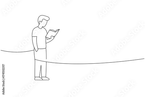 Standing man reading book. Minimalist continuous line art with educational concept