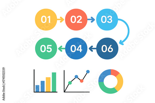 Business data visualization infographic element set. Process chart with 6 steps, options, or parts. Vector template for presentation with workflow diagram, bar chart & pie graph.