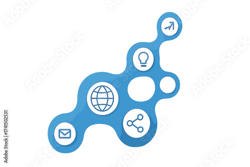 Digital media mechanism concept. Growth abstract background. Integrated metaballs design. Icons for digital strategy, internet, network, connect, communicate, share, global, idea.