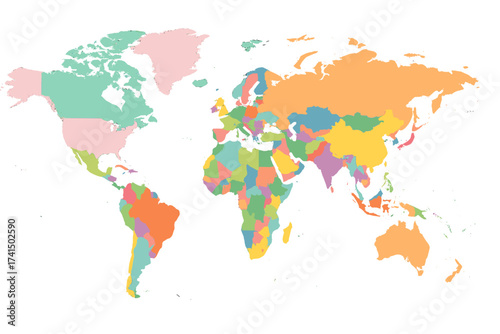 Colorful political world map with all countries. Vector illustration of Earth's continents for global business, travel, and geography education. Flat design infographic element.