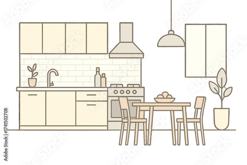 Modern kitchen and dining room interior. Vector line art illustration. Home decor concept with furniture, stove, and table. Cozy apartment cooking and dining area background.