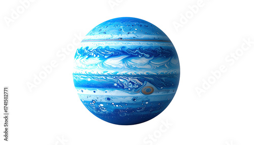 A stylized, vibrant blue planet, showcasing swirling patterns and bands of color, reminiscent of Jupiter's atmosphere.  The planet is presented in isolation against a black background