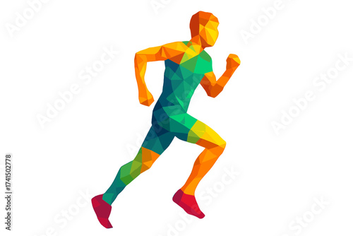Running man in low poly style. Geometric runner silhouette. Vector of an athlete in motion for sport, fitness, marathon concept. Abstract jogger. Colorful polygonal design.