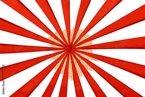 Retro rays comic red background. Pop art vector illustration. Sunburst with halftone texture. Abstract radial starburst. Vintage explosion backdrop. Japanese rising sun graphic element.
