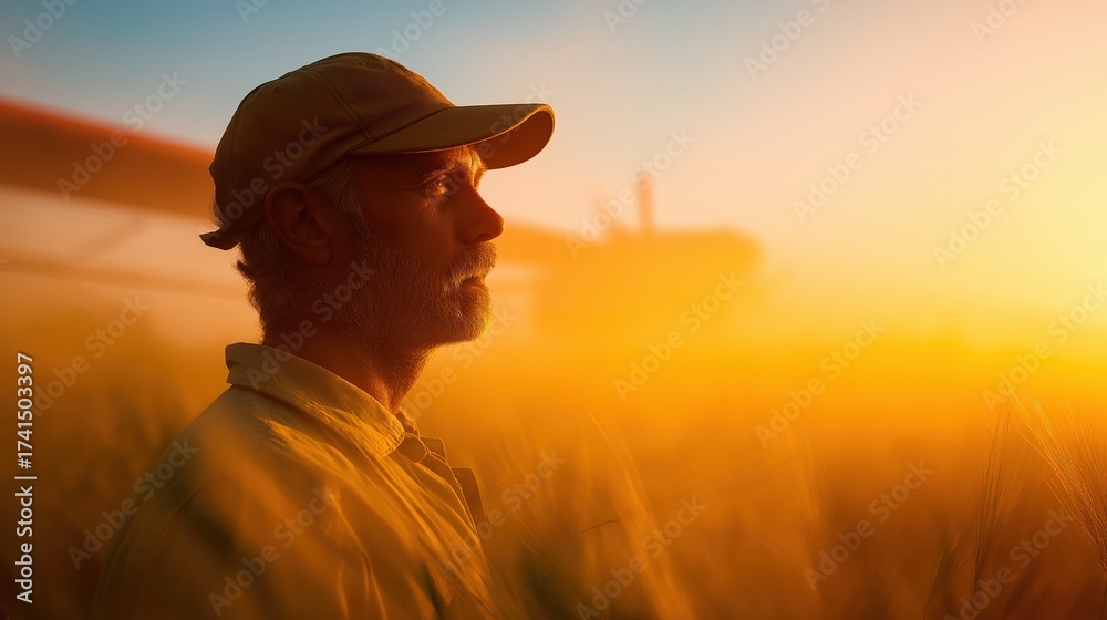 Fototapeta premium Man wearing a baseball cap and a yellow shirt, standing in a field of tall grass. he is facing away from the camera, with a serious expression on his face.