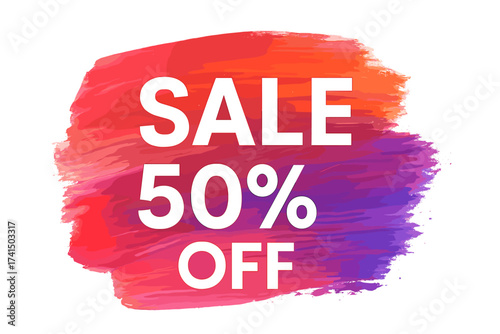 Sale 50% off sign over an art brush acrylic stroke. Abstract paint texture background. Watercolor design for a shop and sale banners. Special offer, discount promotion concept.