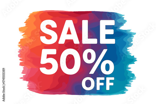 Sale 50% off sign. Art brush acrylic stroke paint. Abstract texture background. Vector illustration. Watercolor design. Shop and sale banners. Special offer. Discount concept.