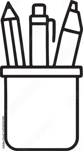 Simple line art icon of a pencil holder with pens and pencils
