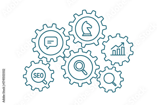 Business process and workflow automation concept. Connected gears with icons for strategy, analytics, research, SEO, digital marketing, communication, and financial growth.