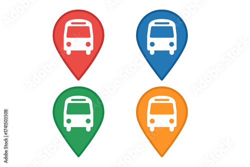 Bus stop location marker icon set. Vector map pin symbol for public transport, travel, and navigation. Colorful bus station pointer collection on a transparent background.