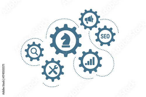 Business mechanism concept with gears. Strategy, analytics, seo, marketing icons. Cogwheel interaction. Teamwork workflow. Process management. Corporate engine system.