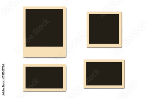 Retro photo frame set on transparent background. Vector illustration of vintage instant picture frames. Blank old photograph mockup for nostalgia album design element.