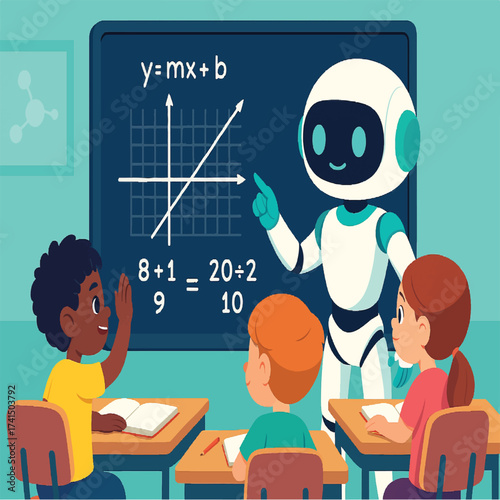 Friendly robot teacher explaining math to diverse students in a classroom