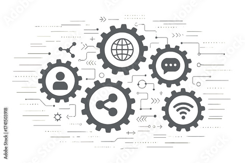 Technology mechanism concept with interconnected gears and icons for digital strategy, internet network, social media communication, connection, and online interaction abstract background