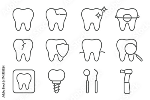 Dental icons collection, teeth and dentistry vector line art set with medical tools and oral care symbols, transparent background, simple minimalistic design for healthcare and dental clinic concepts