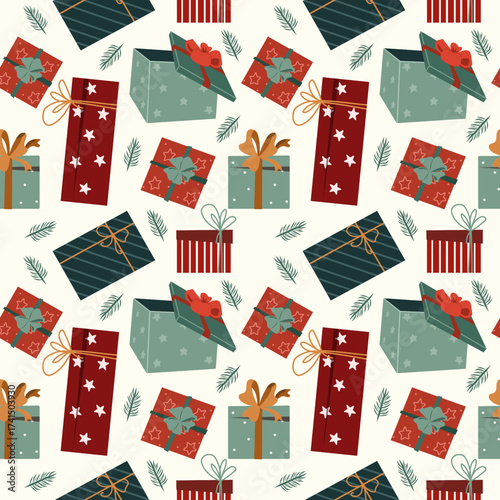 Brightly colored gift boxes with ribbons and bows are arranged in a playful seamless pattern. 