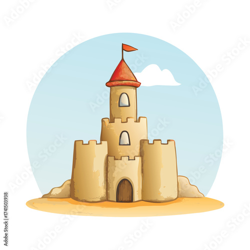 Vector illustration Cartoon sandcastle with orange flag and blue sky background beach
