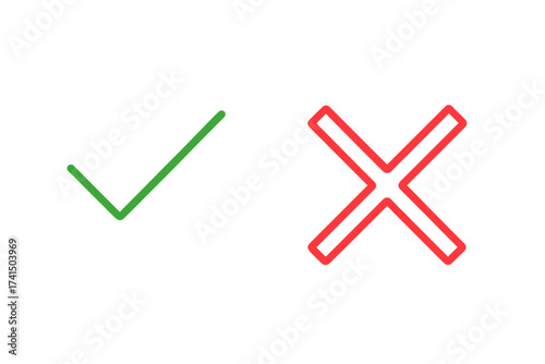 Thin line check mark icons, green tick and red cross symbols, flat vector illustration set, isolated on white background, approval and rejection signs, simple outline design