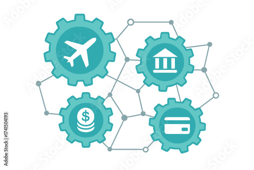 Travel mechanism abstract background with connected gears and flat icons including airplane, bank, coins, credit card, finance network, interactive vector illustration