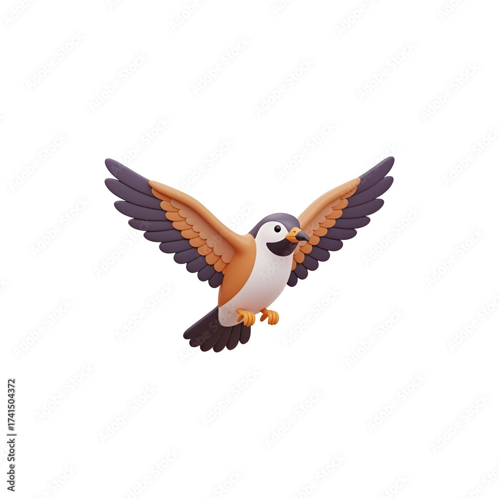 Fototapeta premium 3d icon of cartoon bird flying with wings spread, isolated on transparent background