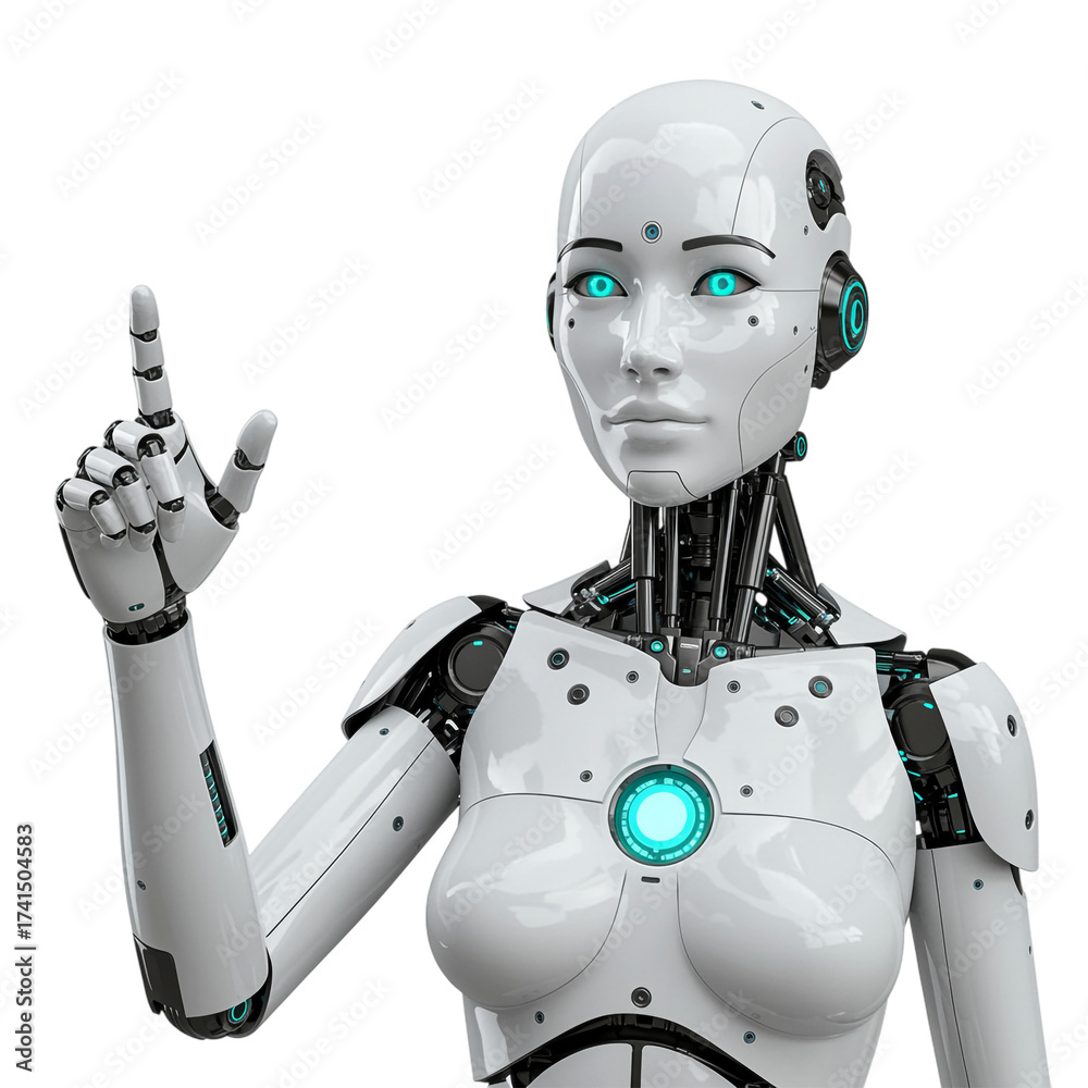 Naklejka premium Female robot pointing with finger isolated on a transparent background