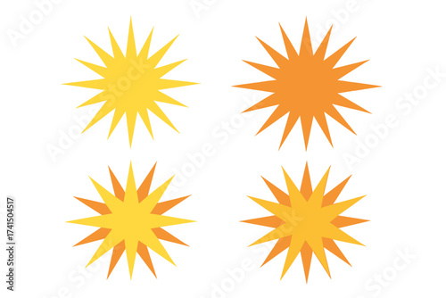Yellow and orange starburst vector set, bright sunburst shapes with transparent background, layered spiked design collection, vibrant explosion graphic elements for design