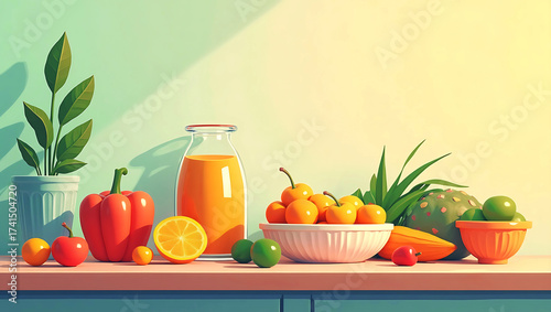 Modern style Vector Foods On Display Flat Earth Colors Copy Space For Text or Images 300 DPI High Resolution Illustration 
