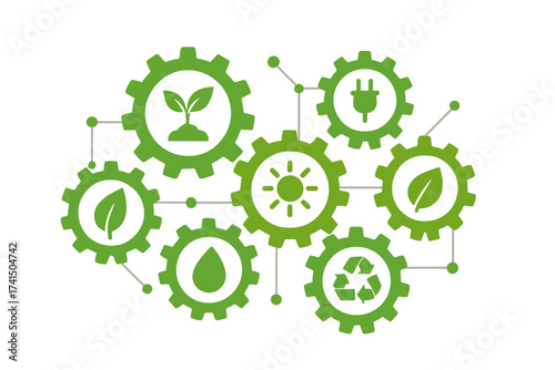 Ecology mechanism concept. Green business. Sustainability and environmental conservation. Connected gears with eco friendly icons for energy, nature, recycle, and bio concepts.