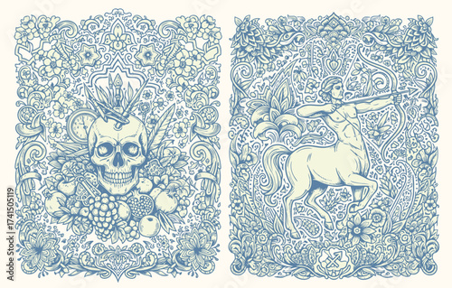 Detailed vintage engraving of skull with cobra, crown, and esoteric alchemy symbols, ornate floral mystical composition.