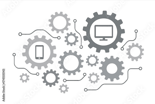 Technology mechanism concept. Electronics background with connected gears and flat icons. Digital network with computer and phone symbols. Vector interactive illustration system.
