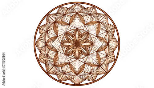 Complex, symmetrical, light brown mandala.  Intricate, geometric design with concentric circles, lines, and shapes radiating from a central point.  Soft light beige tones