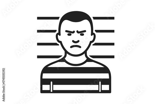 Mugshot of a criminal suspect. Prisoner vector icon. Arrested angry man in striped uniform. Police department lineup background. Jailed person profile. Law and order concept.
