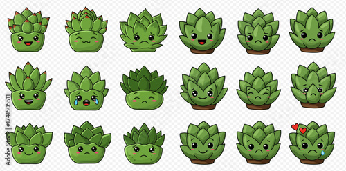 A collection of cute cartoon succulent plants with various facial expressions, including happy, sad, and angry, on a transparent background.