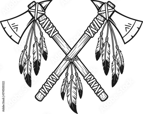 Crossed Tribal Tomahawks with Feathers flat vector white background  