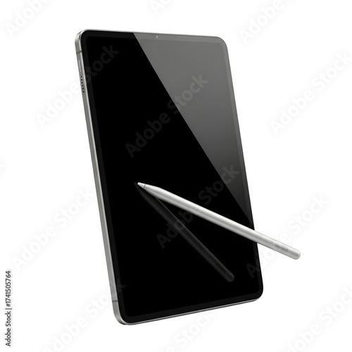 Tablet with stylus isolated on transparent background shows modern technology and digital device for work and entertainment
