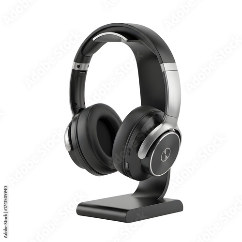 Wireless bluetooth headphones on stand isolated on transparent background, offering immersive audio experience and sleek modern design
