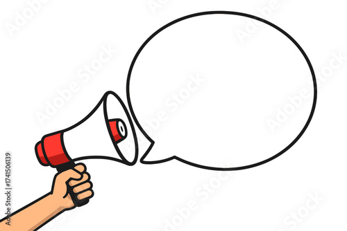 Hand holding megaphone with blank speech bubble. Concept for announcement, advertising, marketing, promotion. Loudspeaker for breaking news, alert, warning. Protest. Vector.