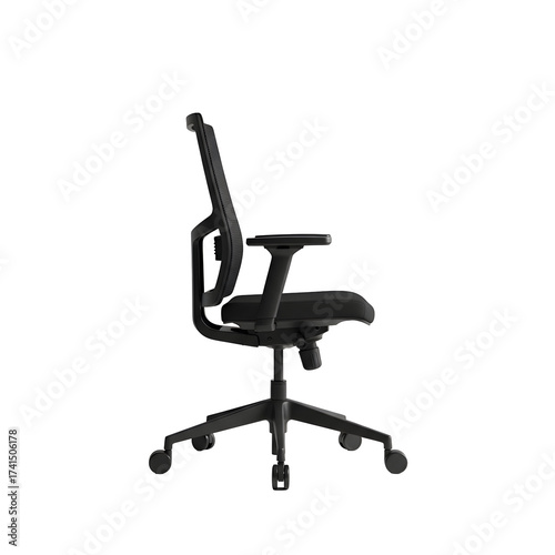 Side view of a modern black office chair isolated on transparent background ergonomic design with mesh back and adjustable features