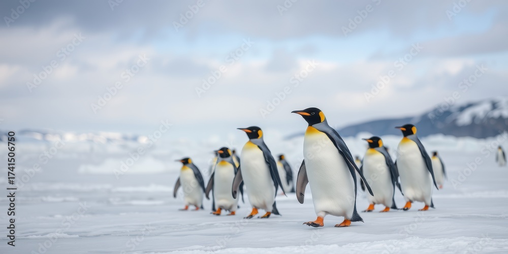Obraz premium Majestic King Penguins Strolling on Antarctic Ice, Displaying Striking Black and White Plumage Against Cloudy Skies