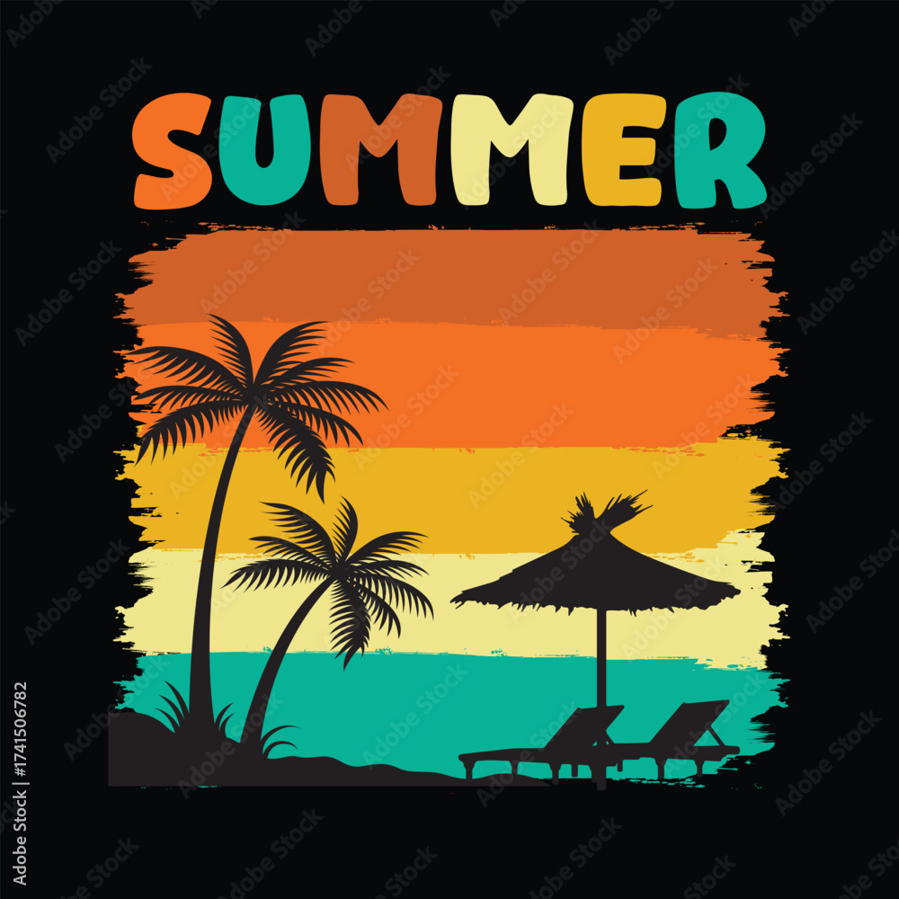 Obraz premium Summer Beach T-Shirt Design – Retro Sunset with Palm Trees and Vacation Vibes