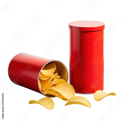 Crispy potato chips pouring from red cylindrical containers on a dark surface illustration