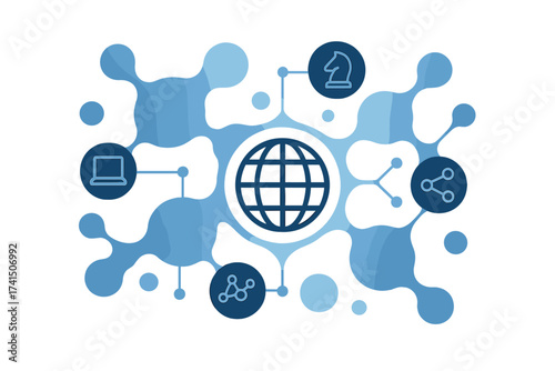 Global network vector concept. Internet technology abstract background. Digital communication and media mechanism illustration. Strategy, data, sharing, connection and growth.