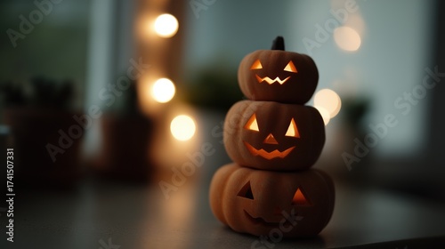 Three small pumpkins stacked on top of each other on a wooden table. the pumpkins are carved with jack-o-lantern faces, giving them a spooky and eerie appearance.