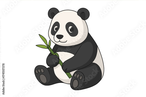 Cute cartoon panda character sitting holding bamboo. Vector illustration of a funny bamboo bear cub. Adorable mascot icon for kids, zoo or nature conservation design element.