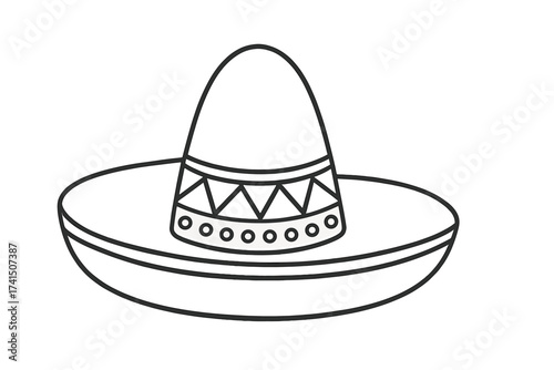 Mexican sombrero hat, a traditional cultural symbol of Mexico. Vector line art icon for Cinco de Mayo, Dia de los Muertos, or a fiesta party. Simple outline illustration.