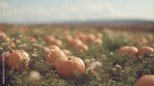 Field of pumpkins with a clear blue sky in the background. the pumpkins are of different sizes and shapes, and they are scattered across the field.