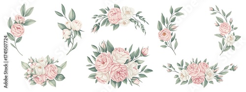 Delicate watercolor floral arrangements in pink and white with green leaves flowers
