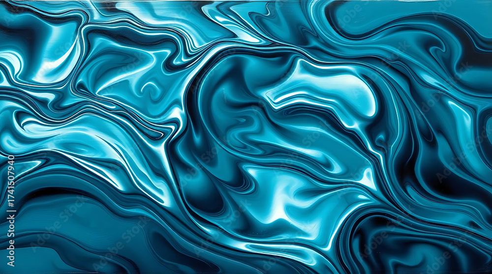 Fototapeta premium Abstract blue liquid metal texture background with smooth waves and reflections for modern design