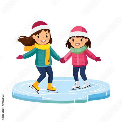 Two girls ice skating on a circular rink